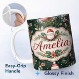 Personalized Custom Name Christmas Santa Botanical Dark Green Festive Seamless Pattern Lovely 11oz Ceramic Coffee Tea Mug White Large Handle