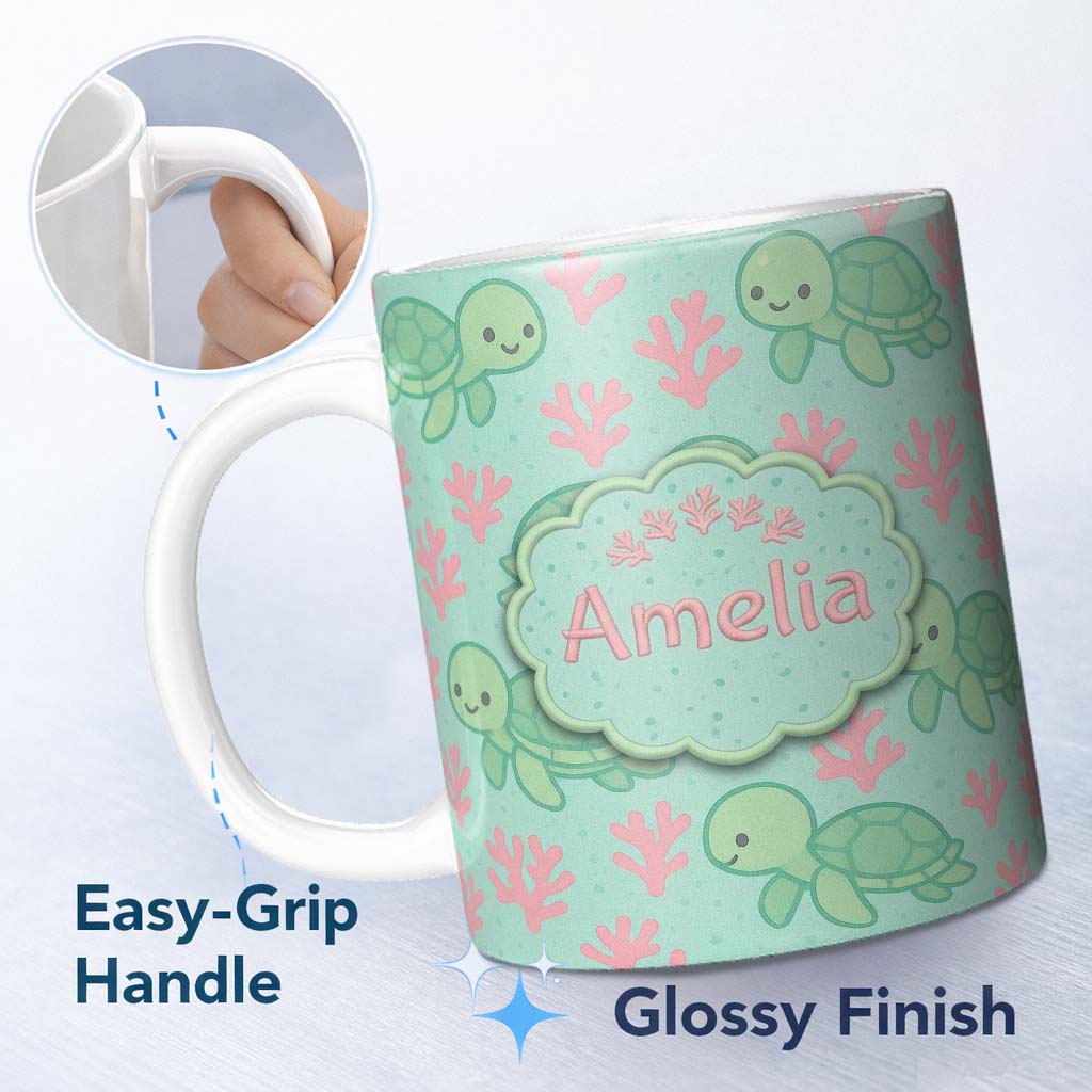 Personalized Custom Name Cute Sea Turtle Coral Cartoon Animal Pattern Charming Kitchen Decor 11oz Ceramic Coffee Tea Mug White Large Handle