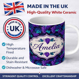 Personalized Custom Name Teal Leaves and Purple Grapes Decorative Seamless Pattern Lovely 11oz Ceramic Coffee Tea Mug White Large Handle