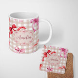 Personalized Custom Name Watercolor Ribbon Bow Seamless Pattern on Taupe Gingham Background 11oz Ceramic Coffee Tea Mug White Large Handle