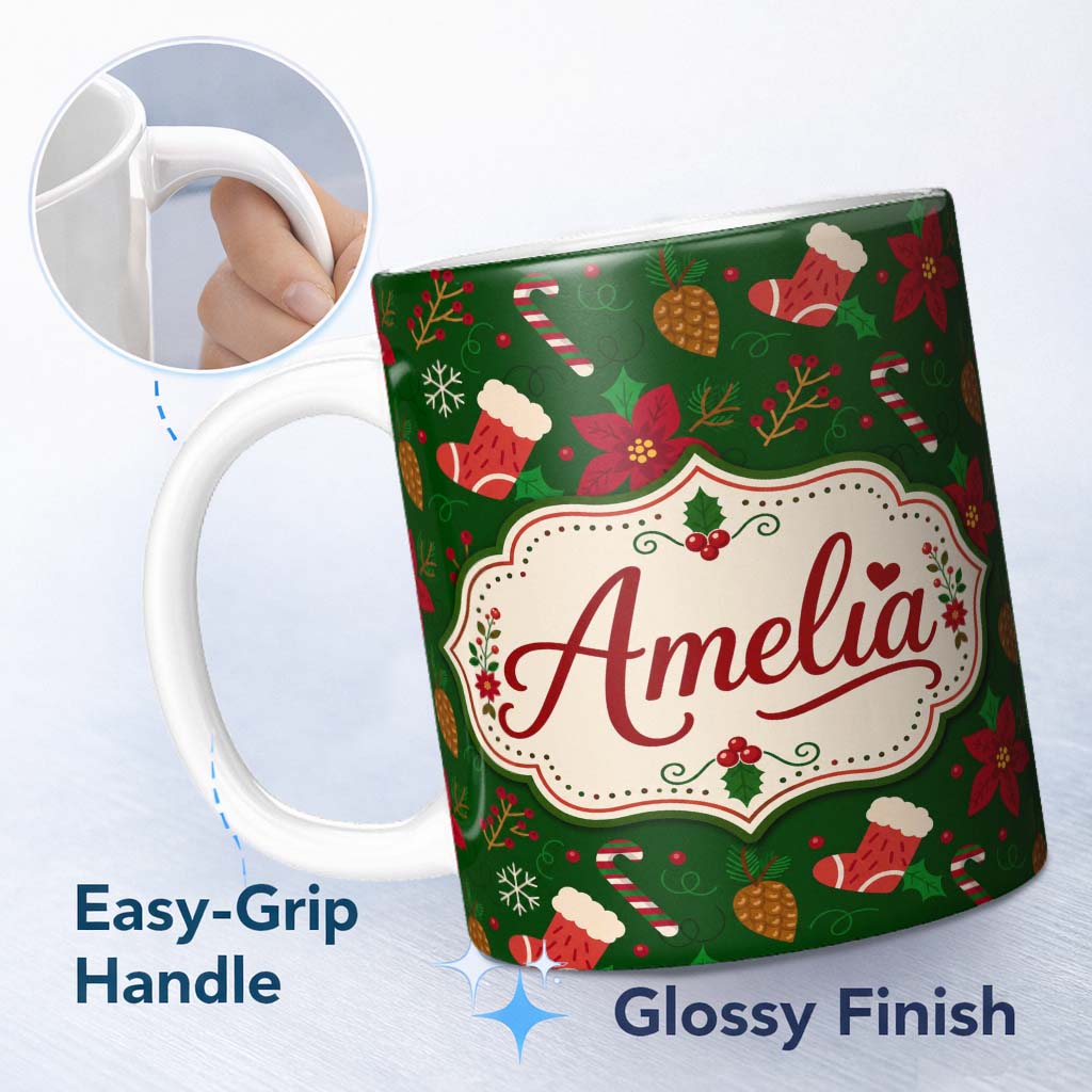 Personalized Custom Name Cute Christmas Stocking Candy Cane Pinecone Seamless Pattern Festive 11oz Ceramic Coffee Tea Mug White Large Handle