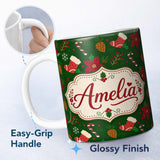 Personalized Custom Name Cute Christmas Stocking Candy Cane Pinecone Seamless Pattern Festive 11oz Ceramic Coffee Tea Mug White Large Handle