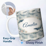 Personalized Custom Name Deep Teal Whale Seamless Pattern Minimal Marine Animal Ocean Design 11oz Ceramic Coffee Tea Mug White Large Handle