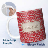 Personalized Custom Name Classic Red Nordic Knit Heart Fair Isle Seamless Pattern Lovely 11oz Ceramic Coffee Tea Mug White Large Handle