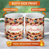 Personalized Custom Name Chocolate Strawberry Cake Seamless Pattern Realistic Dessert Sweet 11oz Ceramic Coffee Tea Mug White Large Handle