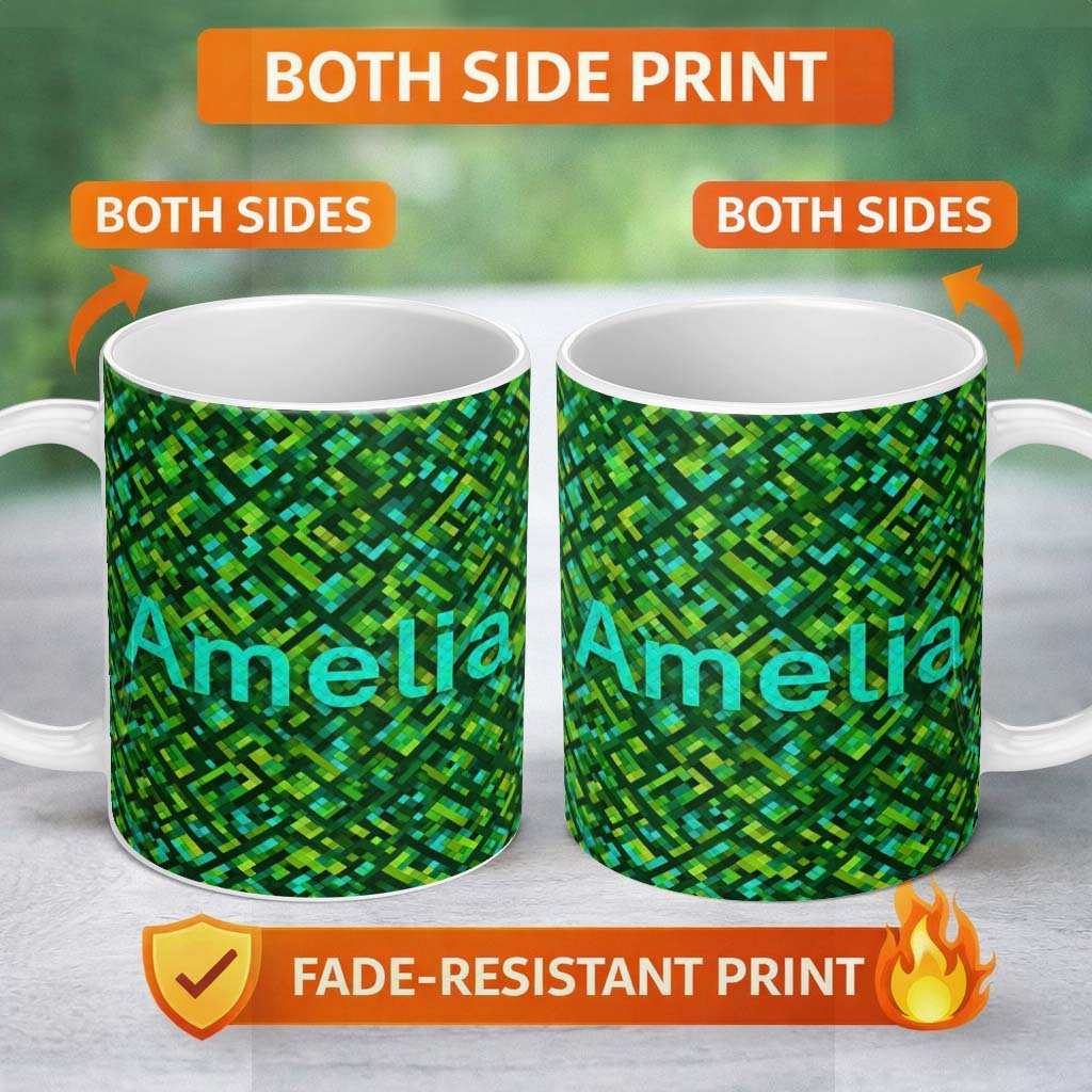 Personalized Custom Name Green Pixel Geometric Abstract Seamless Pattern Stylish Everyday Mug 11oz Ceramic Coffee Tea Mug White Large Handle