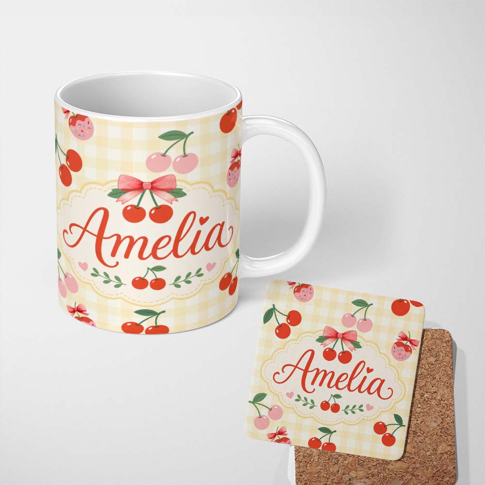 Personalized Custom Name Cute Cherry Fruit with Bow and Sprinkles Yellow Gingham Check Lovely 11oz Ceramic Coffee Tea Mug White Large Handle