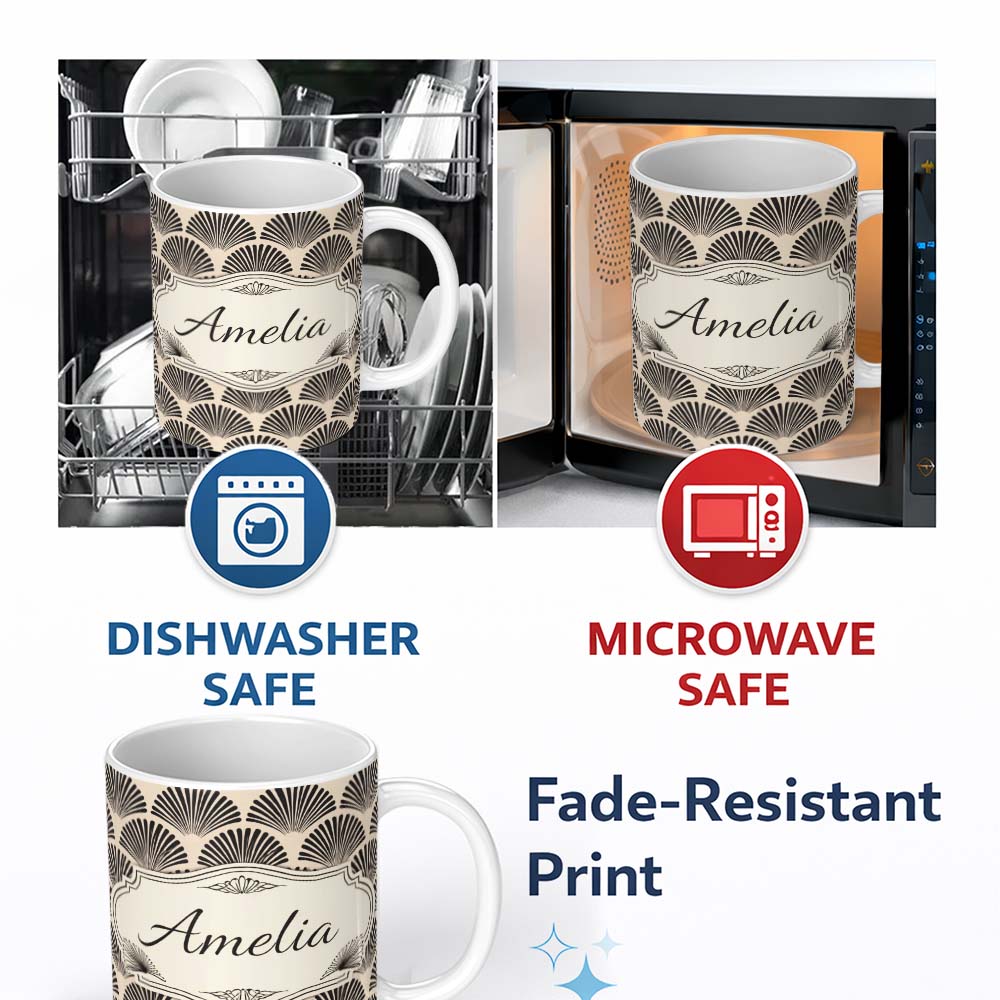 Personalized Custom Name Scallop Fan Shell Black Cream Art Deco Pattern Perfect Gift for Her 11oz Ceramic Coffee Tea Mug White Large Handle