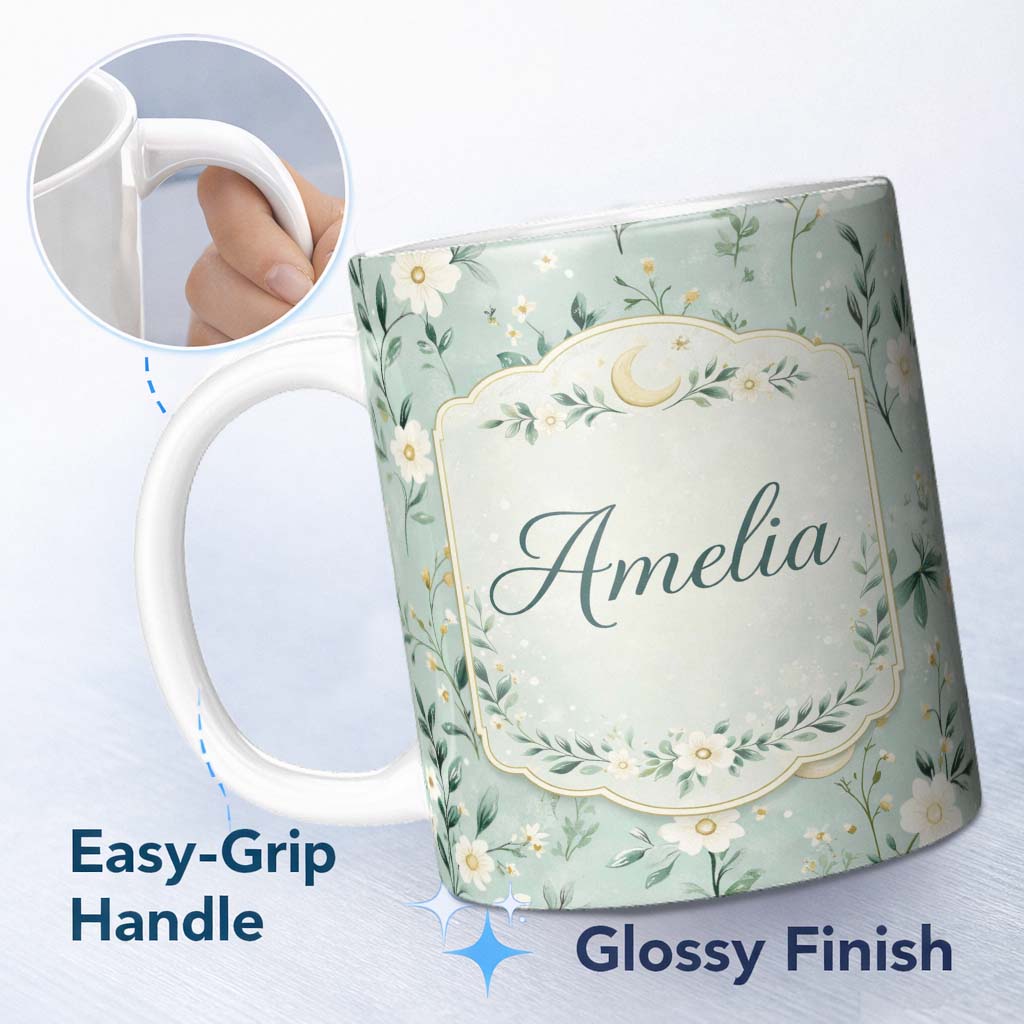 Personalized Custom Name Green Floral Moon Seamless Pattern Charming Kitchen Decor Lovely 11oz Ceramic Coffee Tea Mug White Large Handle