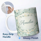 Personalized Custom Name Green Floral Moon Seamless Pattern Charming Kitchen Decor Lovely 11oz Ceramic Coffee Tea Mug White Large Handle