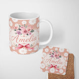 Personalized Custom Name White Daisy Floral Pattern on Peach Background Seamless Pattern 11oz Ceramic Coffee Tea Mug White Large Handle