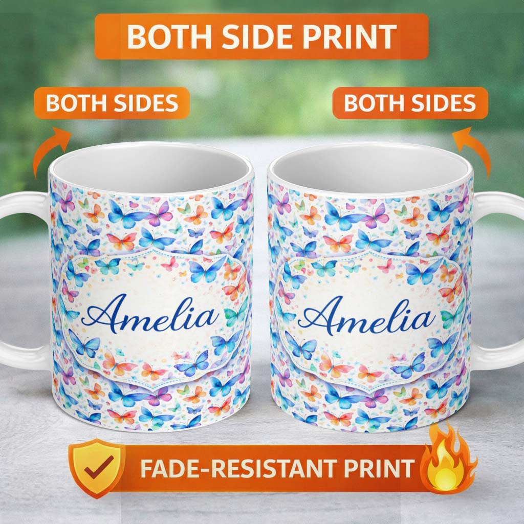 Personalized Custom Name Vibrant Blue and Multicolor Butterflies on Light Background Seamless 11oz Ceramic Coffee Tea Mug White Large Handle