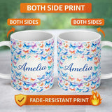Personalized Custom Name Vibrant Blue and Multicolor Butterflies on Light Background Seamless 11oz Ceramic Coffee Tea Mug White Large Handle