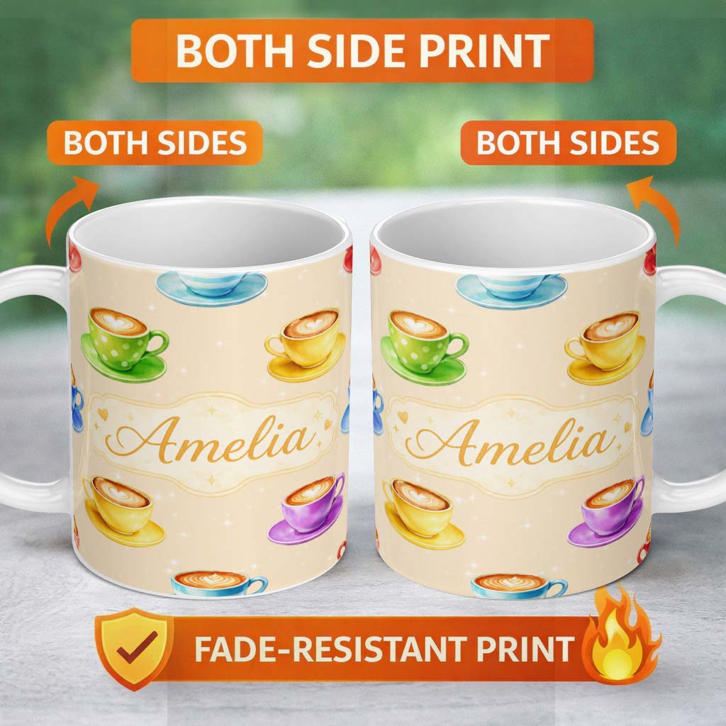 Personalized Custom Name Colorful Coffee Latte Cappuccino Cup Seamless Pattern Lovely 11oz Ceramic Coffee Tea Mug White Large Handle