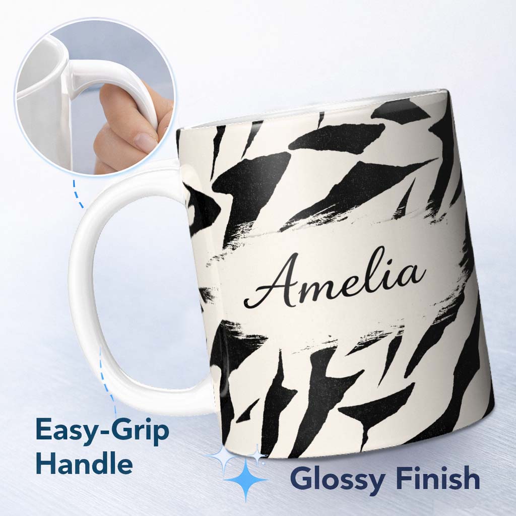 Personalized Custom Name Wavy Zebra Lines Black Cream Organic Stripe Pattern Cute Unique Gift 11oz Ceramic Coffee Tea Mug White Large Handle