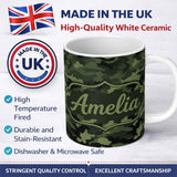 Personalized Custom Name Dark Green Military Camouflage Seamless Pattern Cute Unique Gift 11oz Ceramic Coffee Tea Mug White Large Handle
