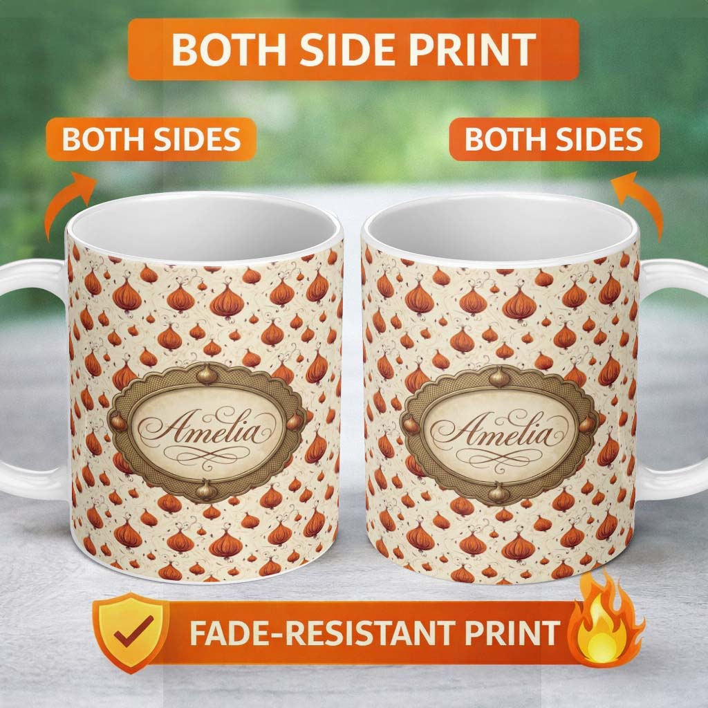 Personalized Custom Name Vintage Onion Seamless Pattern Warm Brown Botanical Illustration 11oz Ceramic Coffee Tea Mug White Large Handle