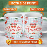 Personalized Custom Name Cute Cherry Fruit with Bow and Sprinkles Pattern Blue Gingham Check 11oz Ceramic Coffee Tea Mug White Large Handle