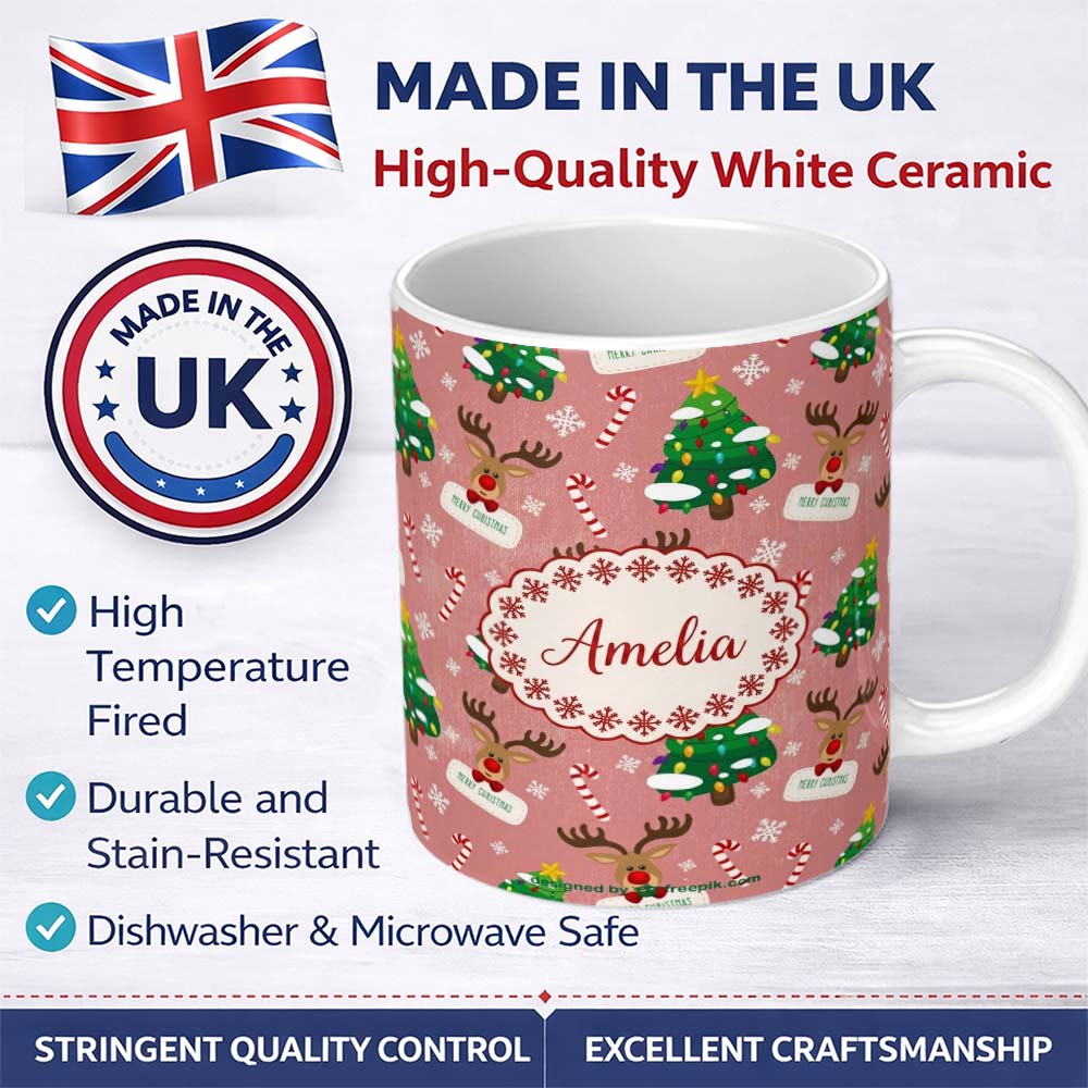 Personalized Custom Name Cute Reindeer Christmas Tree Candy Cane Merry Holiday Seamless 11oz Ceramic Coffee Tea Mug White Large Handle