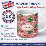 Personalized Custom Name Cute Reindeer Christmas Tree Candy Cane Merry Holiday Seamless 11oz Ceramic Coffee Tea Mug White Large Handle