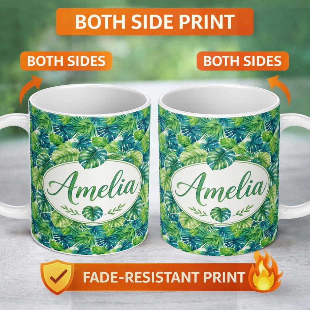 Personalized Custom Name Layered Green Tropical Leaves Botanical Seamless Pattern Lovely 11oz Ceramic Coffee Tea Mug White Large Handle