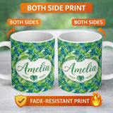 Personalized Custom Name Layered Green Tropical Leaves Botanical Seamless Pattern Lovely 11oz Ceramic Coffee Tea Mug White Large Handle