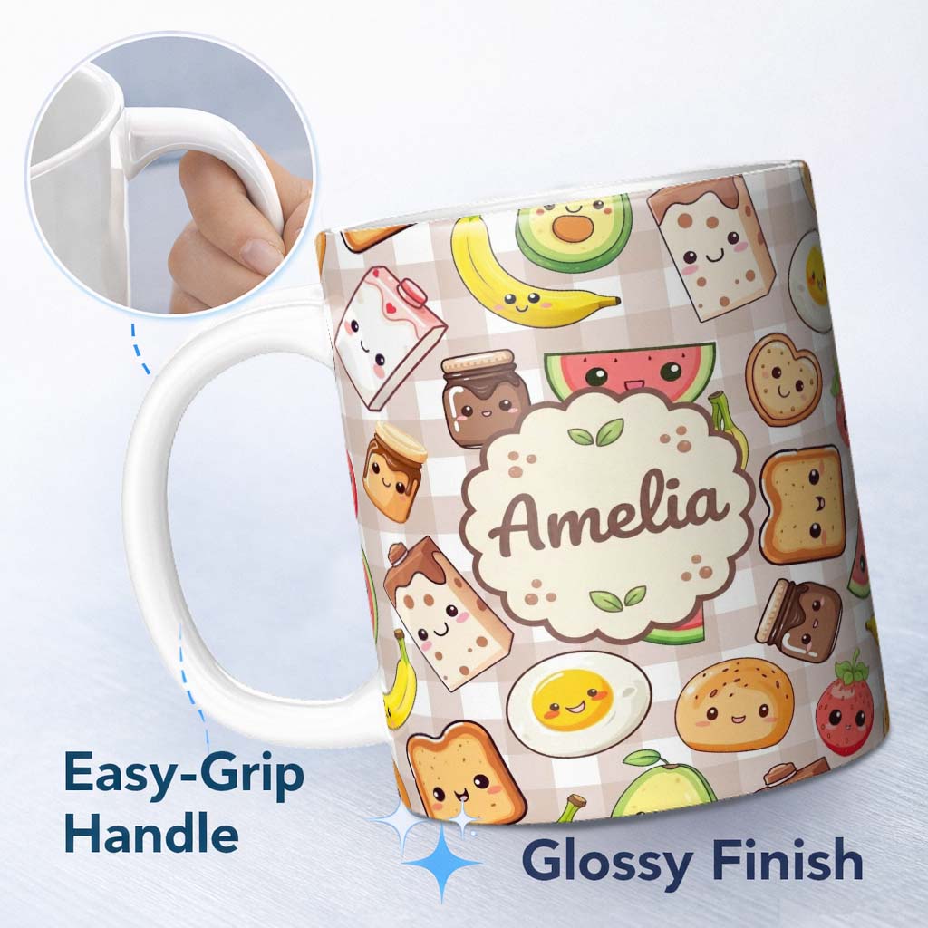Personalized Custom Name Cute Kawaii Breakfast Food Seamless Pattern Blue Gingham Background 11oz Ceramic Coffee Tea Mug White Large Handle