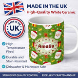 Personalized Custom Name Cute Santa Claus Gingerbread Gift Snowflake Festive Seamless Pattern 11oz Ceramic Coffee Tea Mug White Large Handle