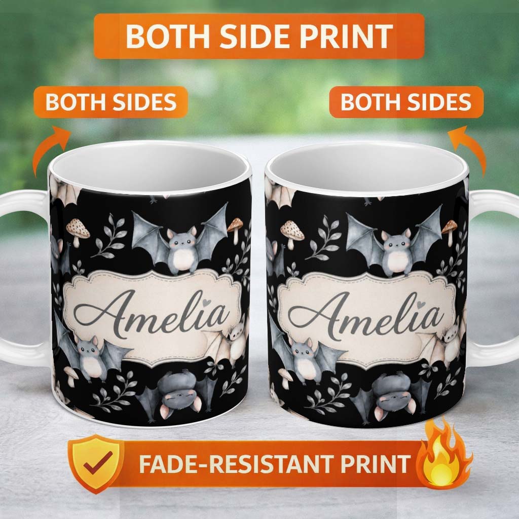 Personalized Custom Name Cute Halloween Bats Flying Stars Night Sky Seamless Pattern Name 11oz Ceramic Coffee Tea Mug White Large Handle