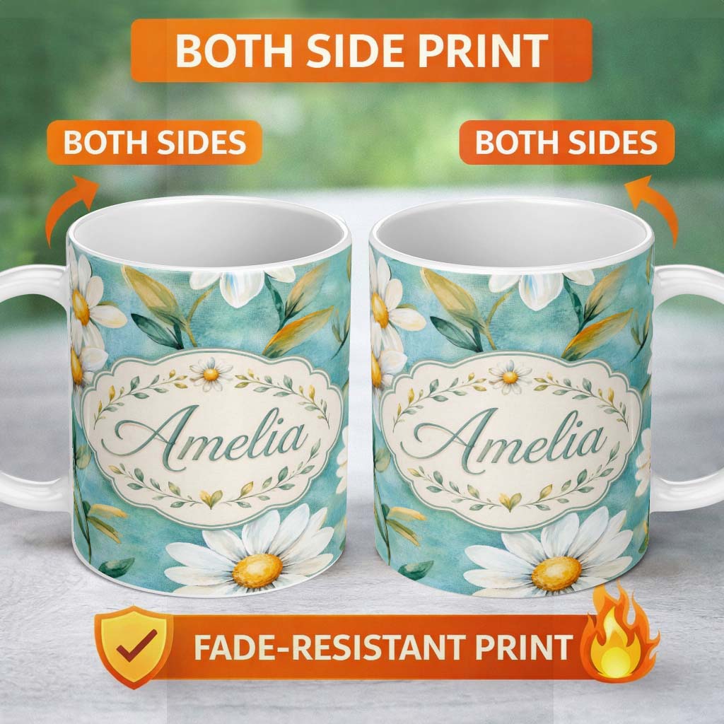 Personalized Custom Name Watercolor White Daisy Floral Seamless Pattern on Teal Background 11oz Ceramic Coffee Tea Mug White Large Handle