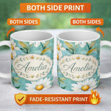 Personalized Custom Name Watercolor White Daisy Floral Seamless Pattern on Teal Background 11oz Ceramic Coffee Tea Mug White Large Handle