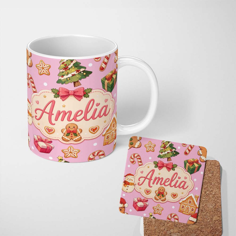 Personalized Custom Name Cute Gingerbread Man Christmas Tree Candy Cane Holiday Pattern Pink 11oz Ceramic Coffee Tea Mug White Large Handle