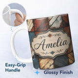 Personalized Custom Name Rustic Multicolor Wood Tile Geometric Patchwork Seamless Pattern 11oz Ceramic Coffee Tea Mug White Large Handle