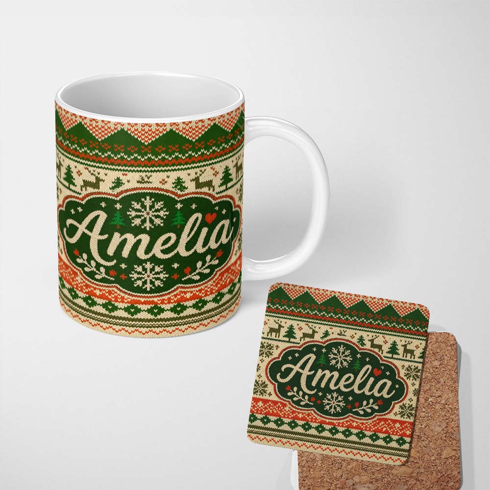 Personalized Custom Name Nordic Zigzag Knit Green Red Cream Geometric Festive Sweater Style 11oz Ceramic Coffee Tea Mug White Large Handle