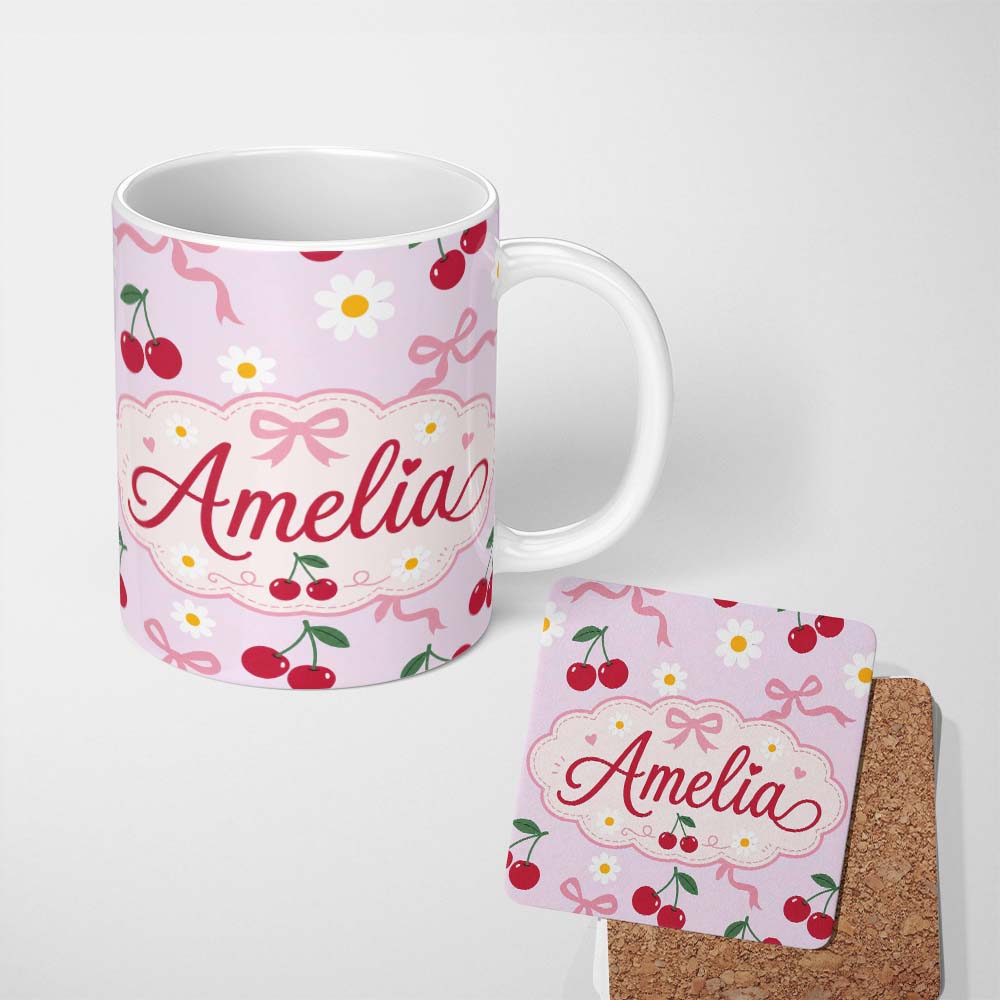 Personalized Custom Name Cute Cherry and Daisy Flowers with Pink Ribbon Bows Soft Lilac 11oz Ceramic Coffee Tea Mug White Large Handle