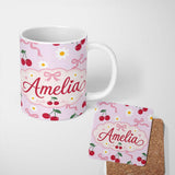 Personalized Custom Name Cute Cherry and Daisy Flowers with Pink Ribbon Bows Soft Lilac 11oz Ceramic Coffee Tea Mug White Large Handle