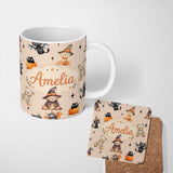 Personalized Custom Name Cute Halloween Teddy Bears Mummy Witch Cat Pumpkin Stars Beige 11oz Ceramic Coffee Tea Mug White Large Handle