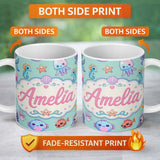 Personalized Custom Name Cute Kawaii Mermaid Seahorse Jellyfish and Starfish Mint Background 11oz Ceramic Coffee Tea Mug White Large Handle