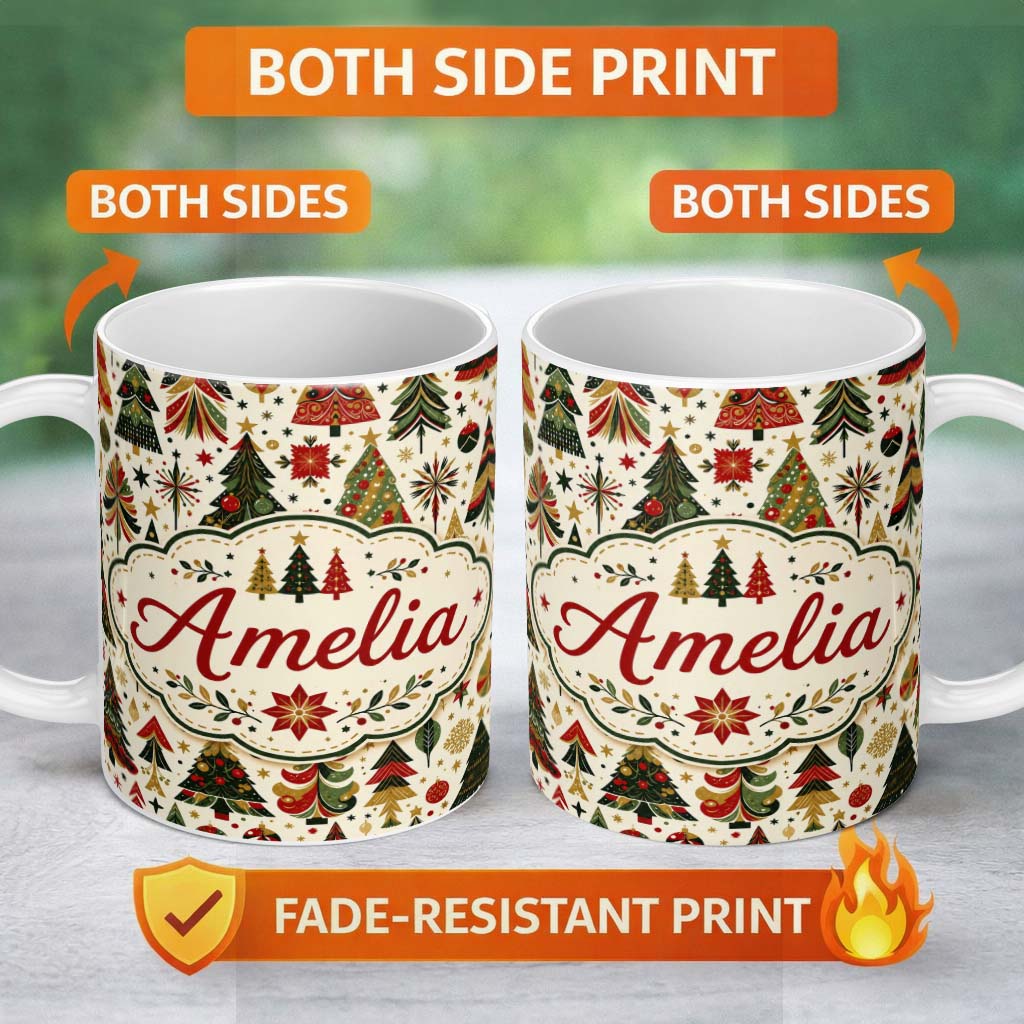 Personalized Custom Name Elegant Christmas Trees Red Green Gold Stars Ornaments Seamless 11oz Ceramic Coffee Tea Mug White Large Handle