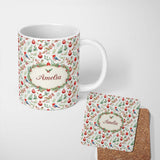 Personalized Custom Name Watercolor Red Bird Ornament Berry Greenery Christmas Seamless 11oz Ceramic Coffee Tea Mug White Large Handle
