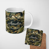 Personalized Custom Name Classic Green Brown Army Camouflage Seamless Pattern Lovely 11oz Ceramic Coffee Tea Mug White Large Handle