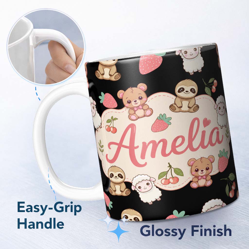 Personalized Custom Name Cute Cute Baby Animals Bear Sheep Sloth Strawberry Cherry Black 11oz Ceramic Coffee Tea Mug White Large Handle