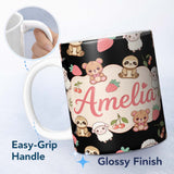 Personalized Custom Name Cute Cute Baby Animals Bear Sheep Sloth Strawberry Cherry Black 11oz Ceramic Coffee Tea Mug White Large Handle
