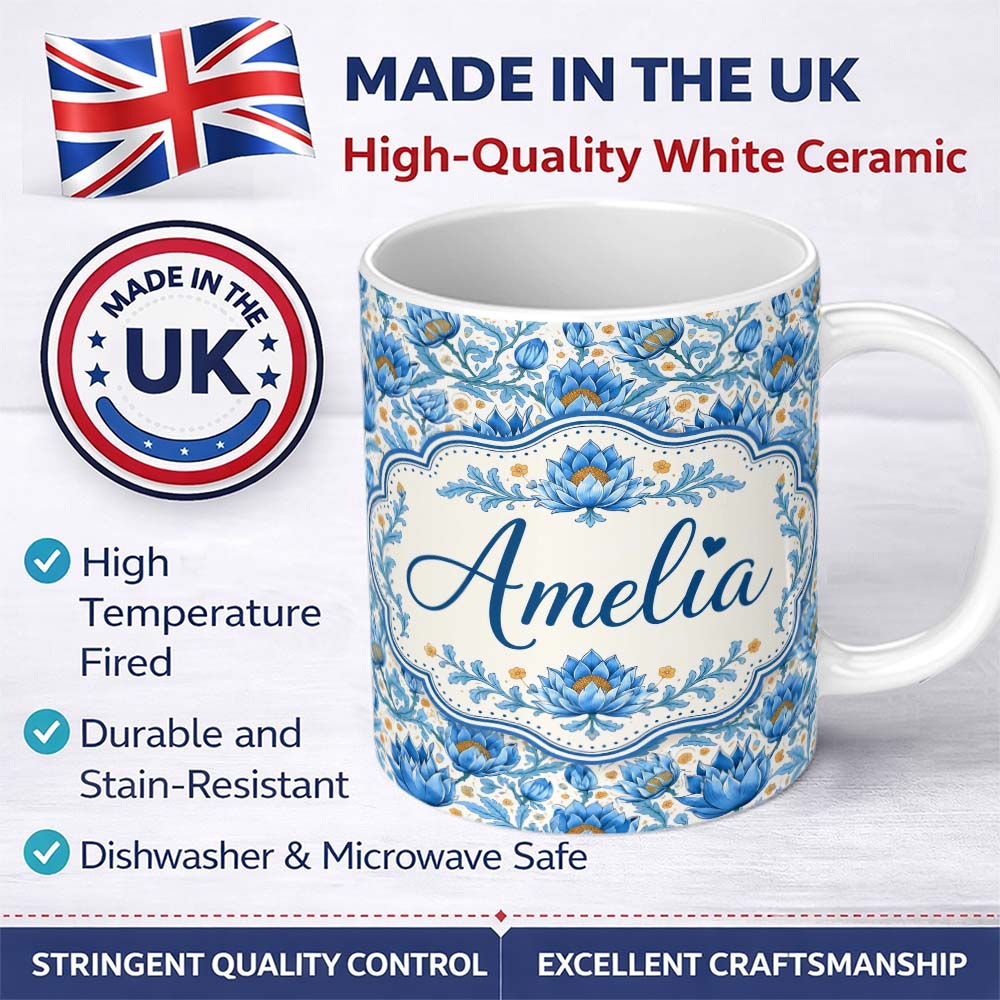 Personalized Custom Name Detailed Blue Floral Pattern with Ornamental Botanical Motifs Lovely 11oz Ceramic Coffee Tea Mug White Large Handle