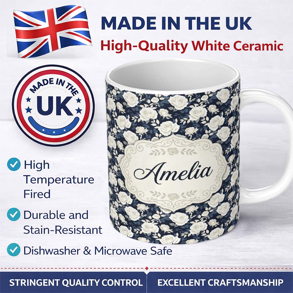 Personalized Custom Name White Rose Floral Pattern on Navy Blue Background Seamless Pattern 11oz Ceramic Coffee Tea Mug White Large Handle