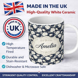 Personalized Custom Name White Rose Floral Pattern on Navy Blue Background Seamless Pattern 11oz Ceramic Coffee Tea Mug White Large Handle