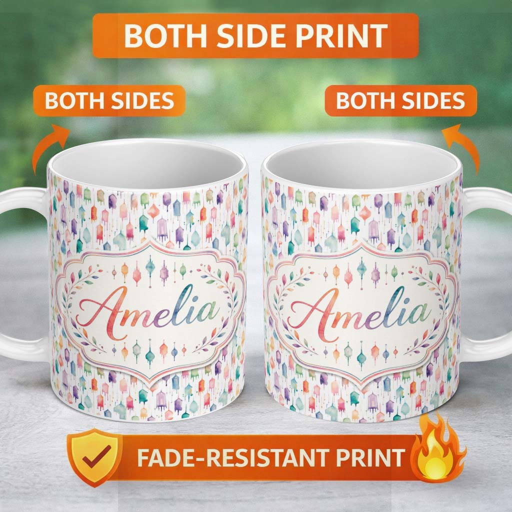 Personalized Custom Name Pastel Watercolor Hanging Lantern Shapes Seamless Pattern Lovely 11oz Ceramic Coffee Tea Mug White Large Handle