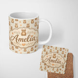 Personalized Custom Name Cute Teddy Bear Minimal Nursery Seamless Pattern Cute Unique Gift 11oz Ceramic Coffee Tea Mug White Large Handle