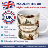 Personalized Custom Name Bear Portrait Circle Seamless Pattern Dark Rustic Wildlife Design 11oz Ceramic Coffee Tea Mug White Large Handle