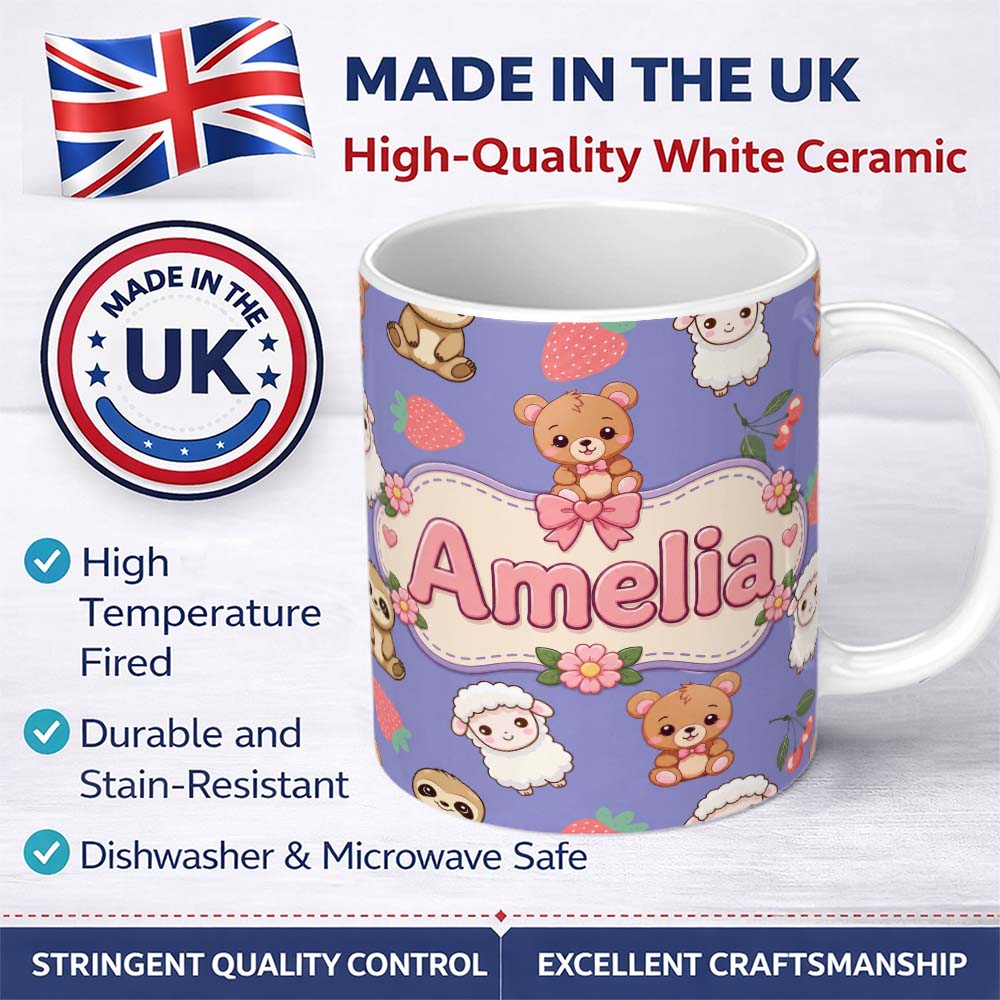 Personalized Custom Name Cute Bear Sloth Lamb Cherry Strawberry Seamless Pattern on Lavender 11oz Ceramic Coffee Tea Mug White Large Handle